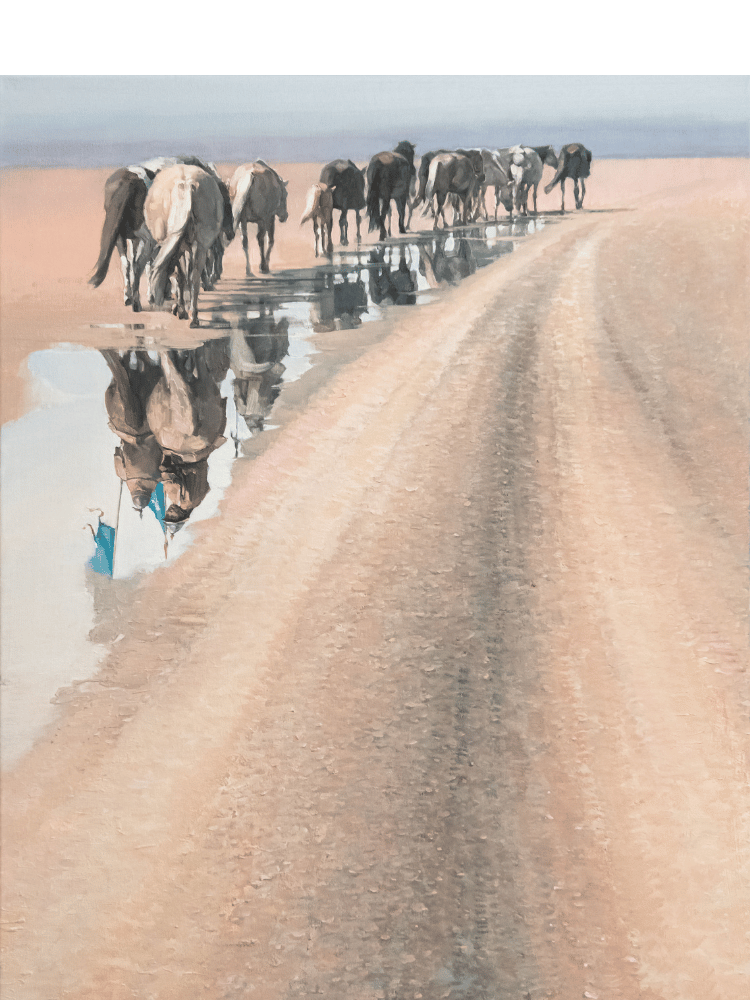 Nach dem Regen, 2025, 100x80 cm, Öl auf Leinwand Am Strand, 2025, 30x40 cm, Aquartinte auf Papier